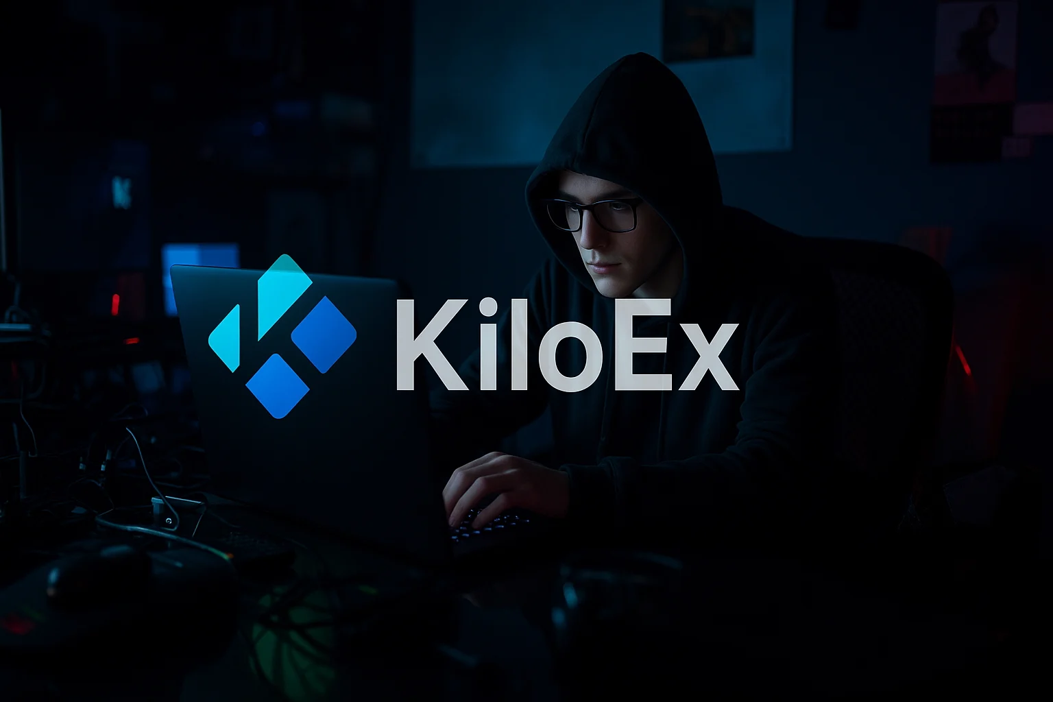 Hacker in hoodie using laptop with KiloEx logo, symbolizing the KiloEx exchange hack incident involving crypto theft.