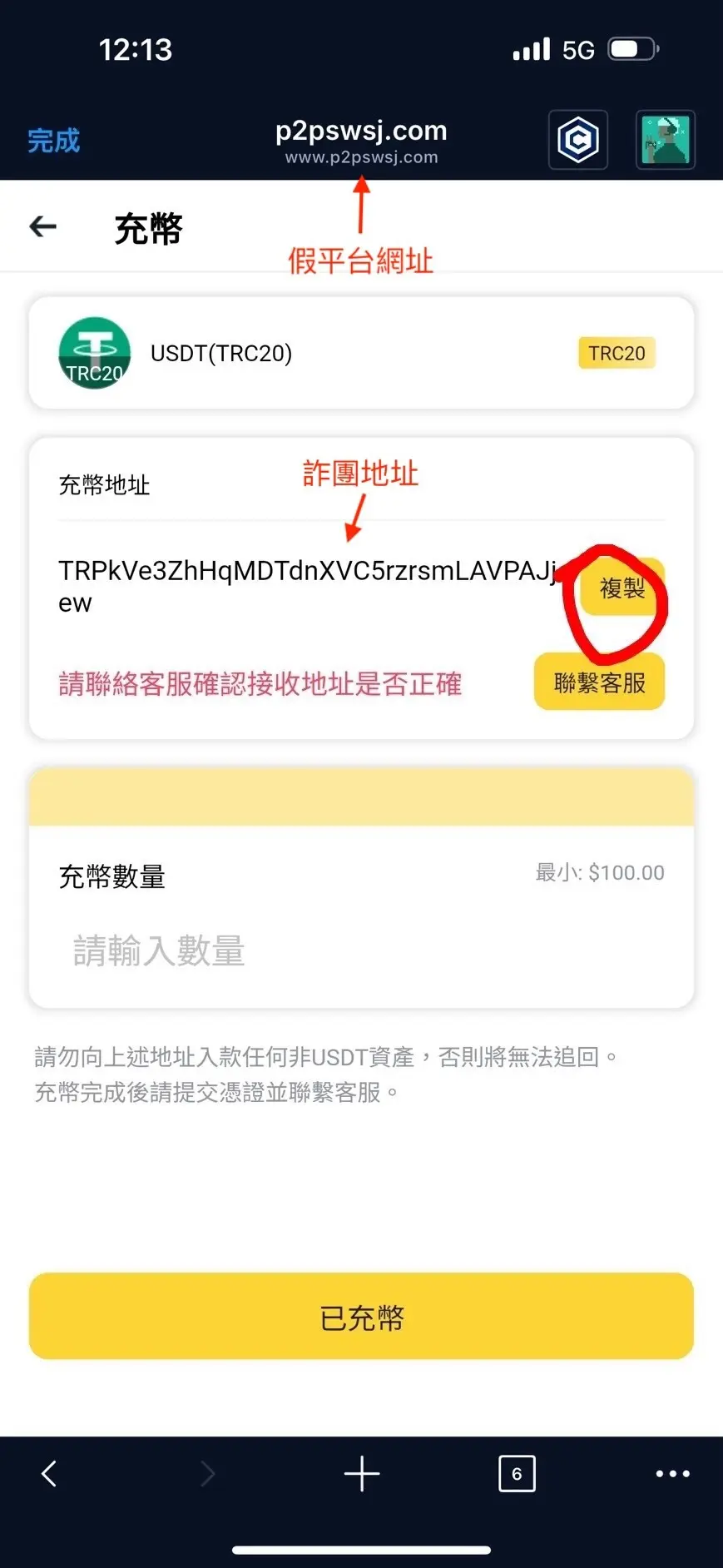 假平台網址及詐騙集團充幣（值）地址之示意圖